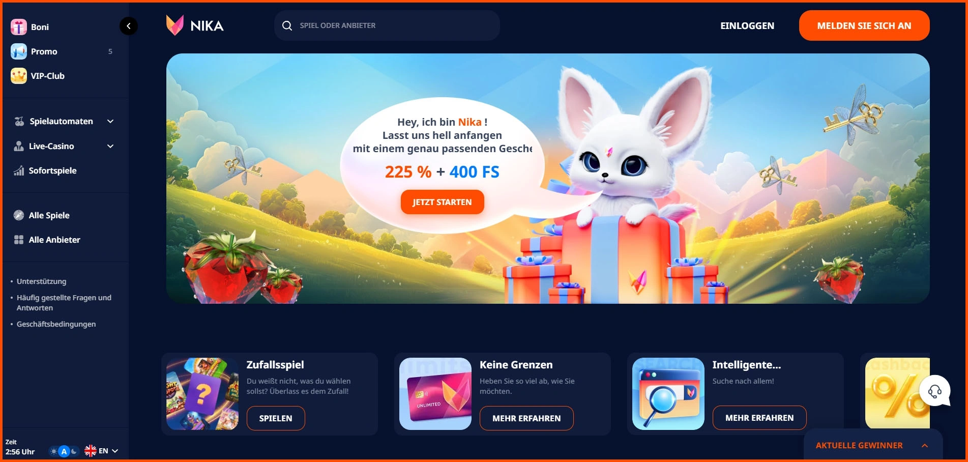 Übersicht der Nika Casino-Hauptseite