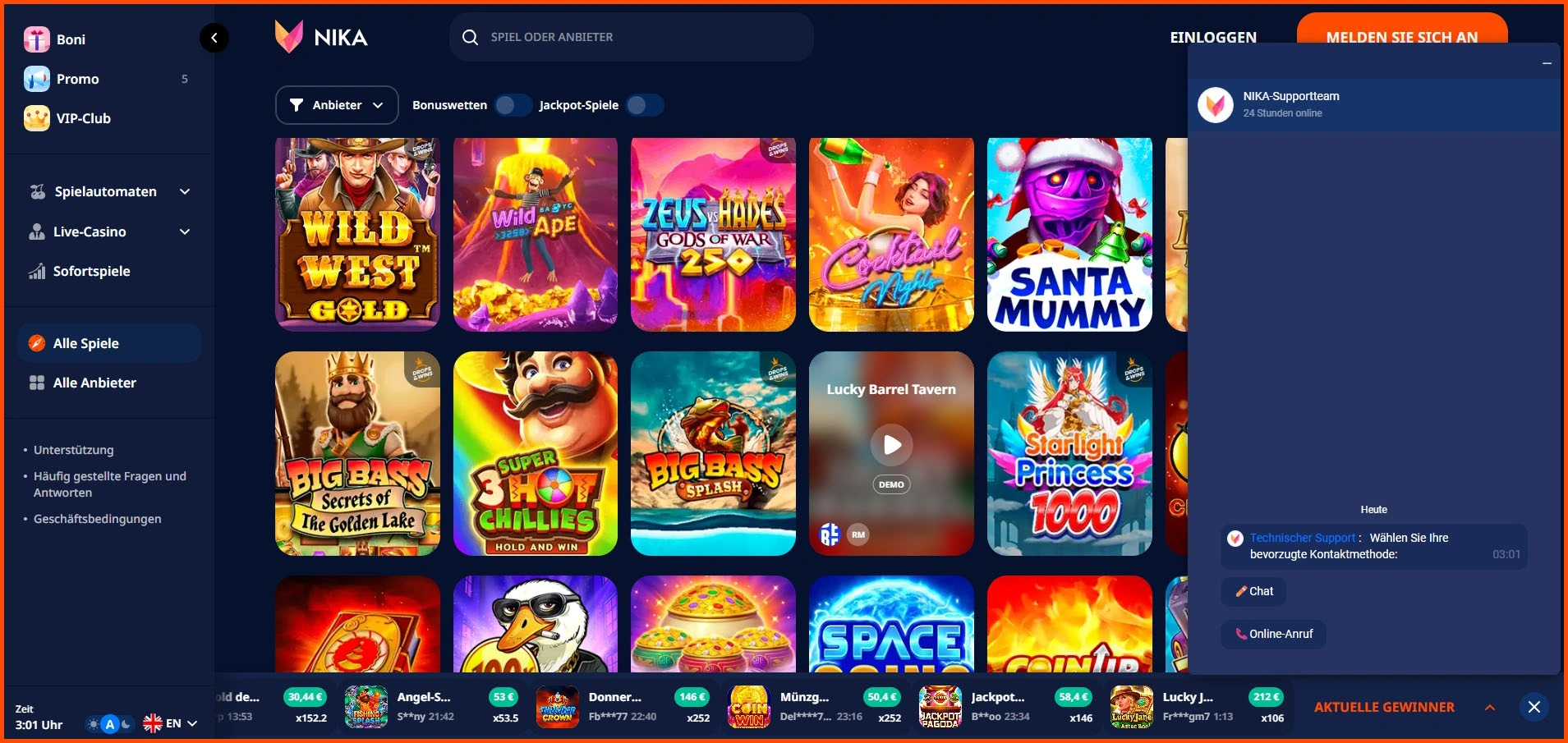 24/7 Live-Chat-Support bei Nika Casino verfügbar